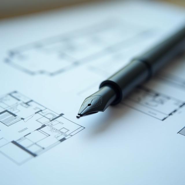 Close up of a luxury designer fountain pen resting on architectural drawings